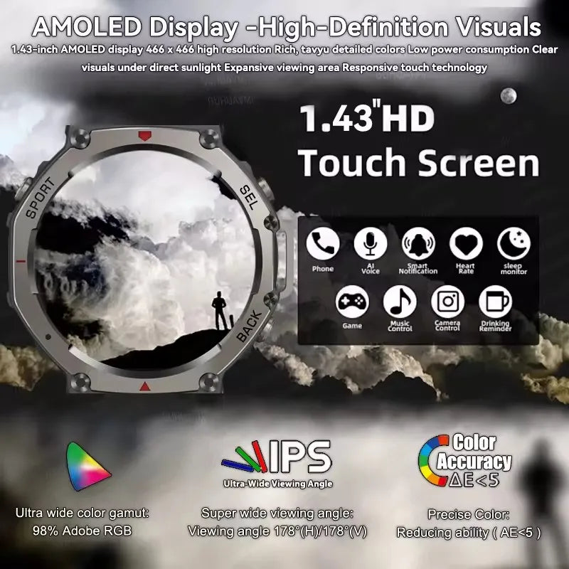 ساعة ذكية عسكرية للرجال موديل 2025 - مكالمات بلوتوث، نظام تحديد المواقع العالمي (GPS)، بوصلة، مقياس ارتفاع بارومتري، ساعة رياضية مقاومة للماء حتى عمق 10 أمتار