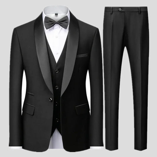 Men's Black 3-Piece Slim Fit Suit – Large Size Wedding & Party Outfit