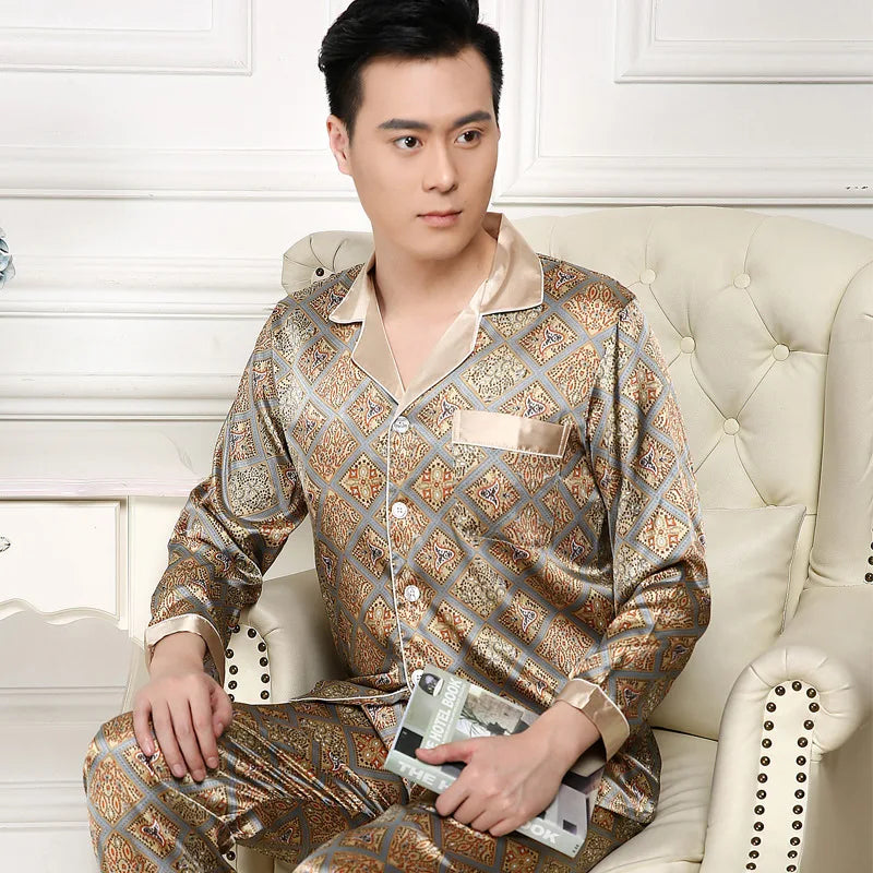 Men's High Quality Pajama Set | Spring & Autumn Thin Ice Silk Polyester Sleepwear | Long Sleeve Plus Size Summer Homewear