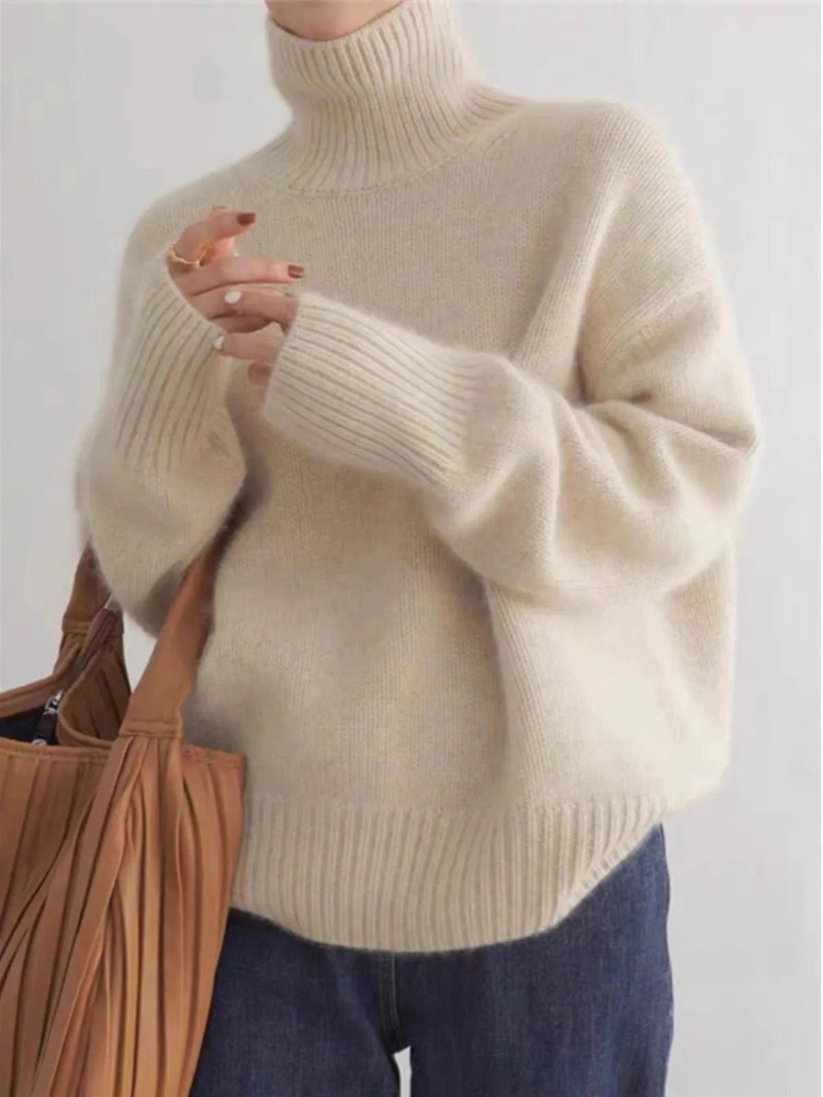 Autumn Winter Women’s Cashmere Sweater – Thick Warm High Neck Knitted Pullover | Loose Fit Base Sweater Top