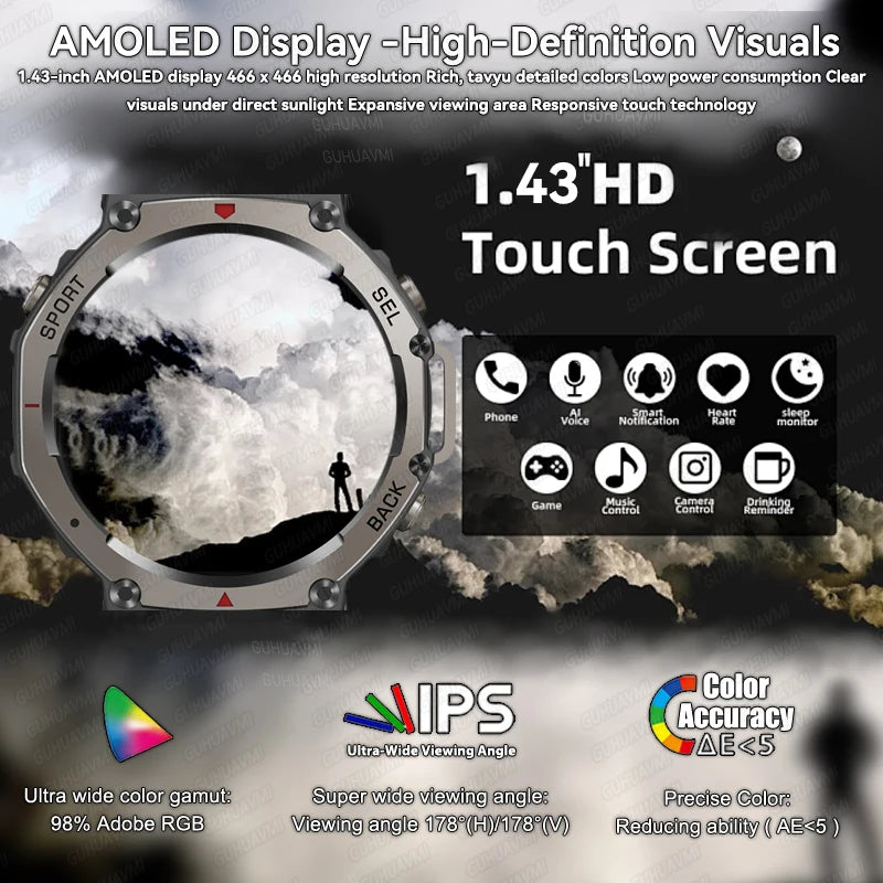 ساعة T-Rex 3 الذكية بنظام تحديد المواقع العالمي (GPS) موديل 2025 - ساعة ذكية عسكرية خارجية للرجال، مقاومة للماء حتى 10 أمتار، 170 وضعًا رياضيًا، مكالمات بلوتوث