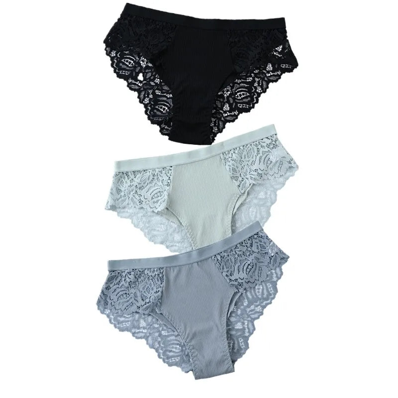 3Pcs Cotton Lace Panties for Women - Sexy Floral Briefs Underwear Lingerie Plus Size