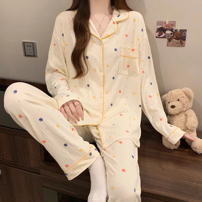 Women's Pink Bow Pajama Set | Harajuku Style Long Sleeve Top & Elastic Waist Pants Sleepwear