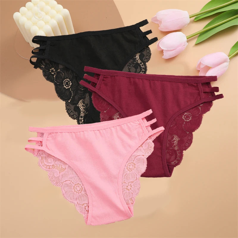 FINETOO 3PCS Women's Lace Floral Low-Waist Triple Belt Panties Soft Sexy Lingerie Underwear