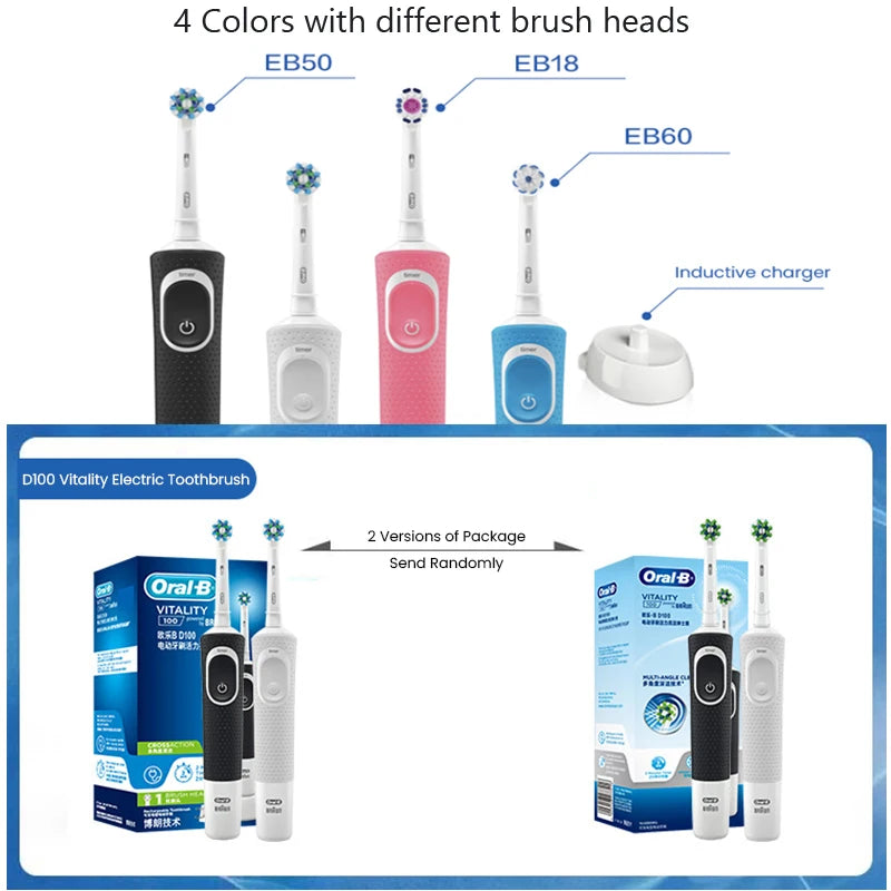 Oral-B D100 Electric Toothbrush • 2D Vitality Cleaning • Waterproof Rechargeable Toothbrush with Timer & Inductive Charger