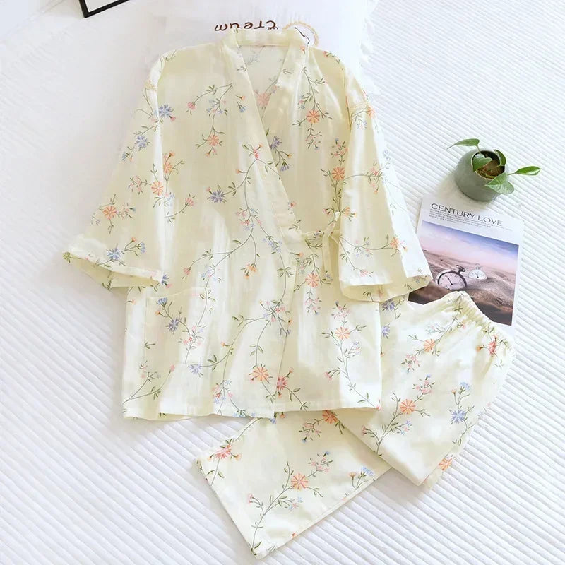 2025 Japanese Style Women's Kimono Pajama Set | 100% Cotton Gauze Seven Sleeve Two-Piece | Cute Spring & Autumn Homewear