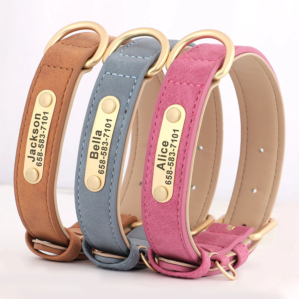 Personalized PU Leather Dog Collar – Custom Engraved Nameplate ID Tag for Small, Medium & Large Dogs