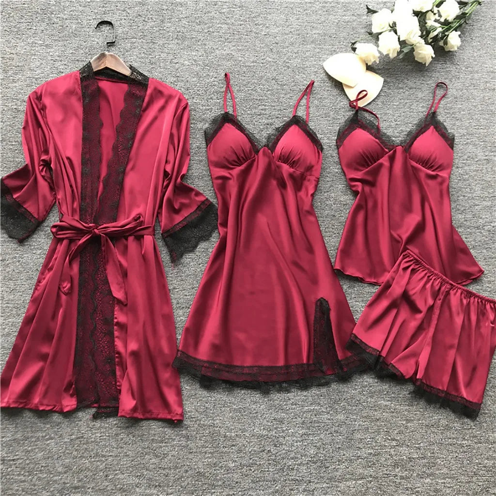 4PCS Women’s Sexy Lace Pajamas – Fashion V-Neck Nightgown with Chest Pads, Comfortable Casual Loungewear Nightdress