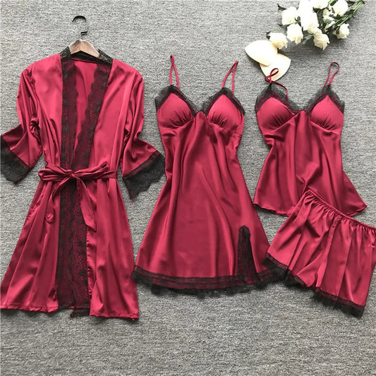 4PCS Women’s Sexy Lace Pajamas – Fashion V-Neck Nightgown with Chest Pads, Comfortable Casual Loungewear Nightdress