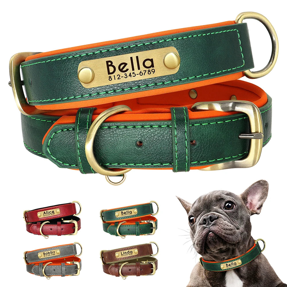 Custom PU Leather Dog Collar – Soft Padded with Engraved Nameplate, Adjustable for Small, Medium & Large Dogs