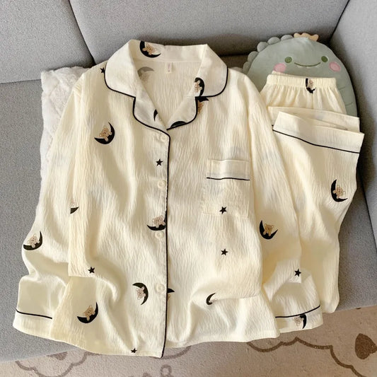 2025 Women's Moon Bear Pajama Set | Korean Style Soft 2-Piece Long Sleepwear with Lapel Neck
