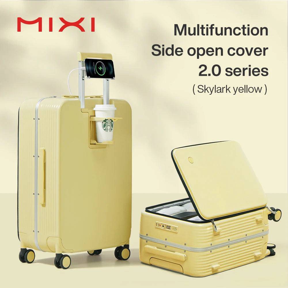 Mixi New Aluminum Frame Suitcase | Carry-On Rolling Luggage with USB, Cup & Phone Holder | 20/24 Inch Cabin Bag
