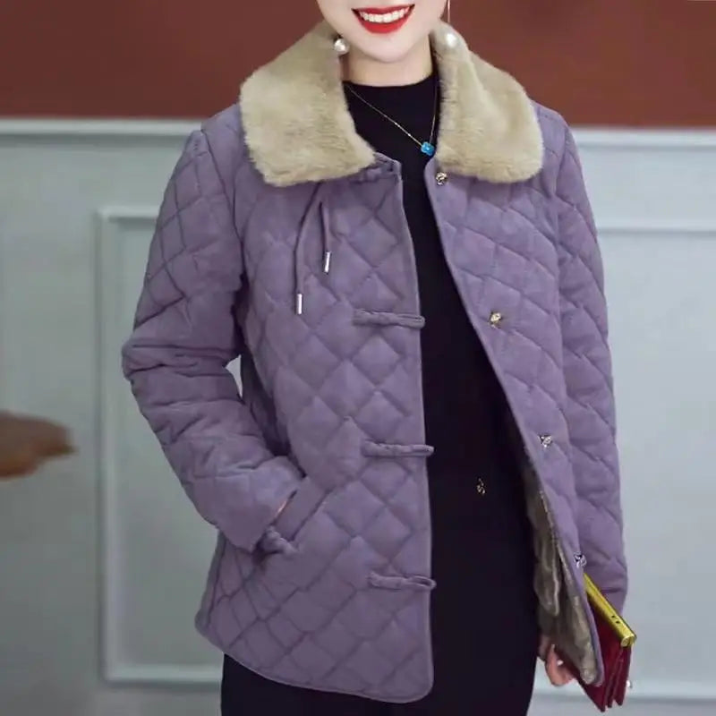 Winter Cotton Coat Women Lapel Warm Parka Quilted Plaid Cotton-Padded Overcoat