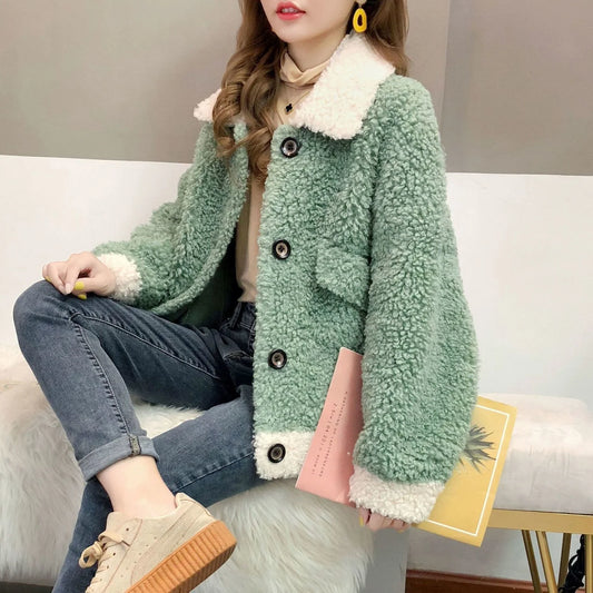 Women's Loose Fit Lamb Velvet Thickened Autumn Winter Button-Up Cardigan Coat Casual Style