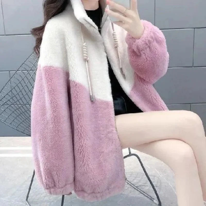 Thickened Hooded Cotton Jacket Women's Warm Winter Fleece-Lined Mommy Style Outerwear