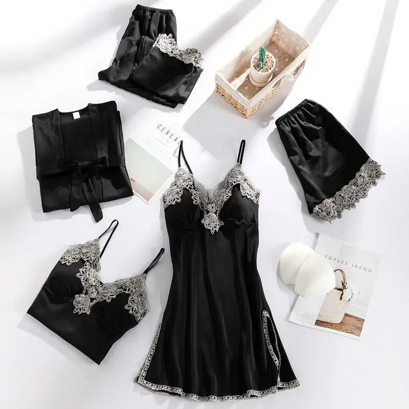 5PCS Women's Satin Sleepwear Set | Lace V-Neck Pajamas | Comfortable Spring Homewear PJS