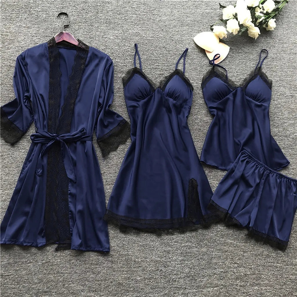 4PCS Women’s Sexy Lace Pajamas – Fashion V-Neck Nightgown with Chest Pads, Comfortable Casual Loungewear Nightdress