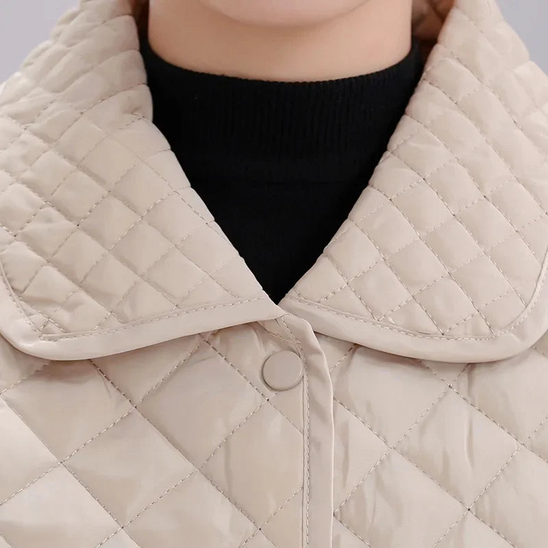 Leichte, kurze Baumwolljacke für Damen, heiß begehrt, Rautenmuster, neue Größe S, ideal für Mütter