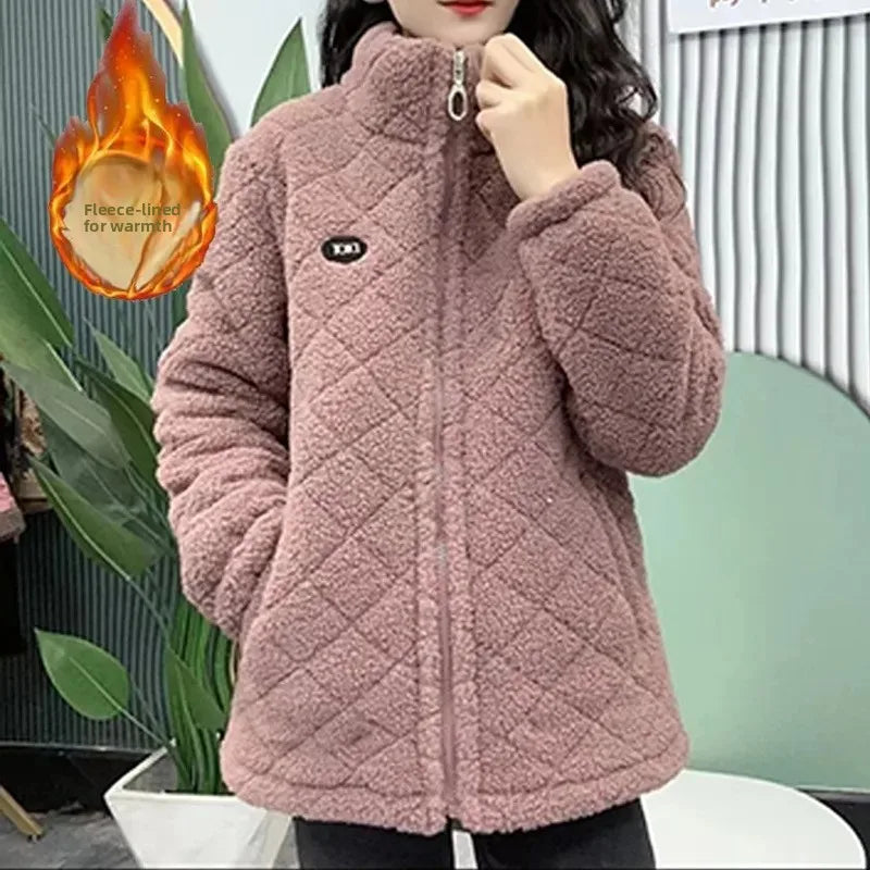 Thickened Fleece Women's Jacket Winter Warm Mid-Length Zipper A-Line Stylish Commute Coat