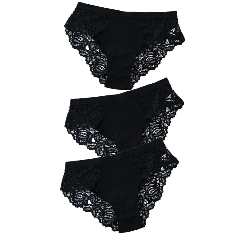 3Pcs Cotton Lace Panties for Women - Sexy Floral Briefs Underwear Lingerie Plus Size