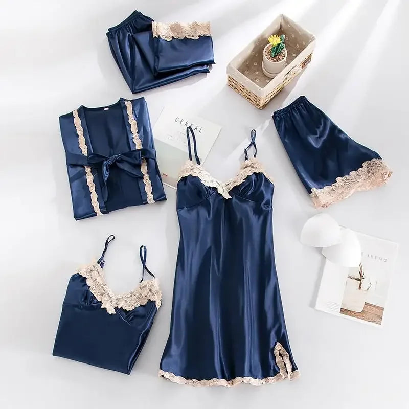 5PCS Women's Satin Sleepwear Set | Lace V-Neck Pajamas | Comfortable Spring Homewear PJS