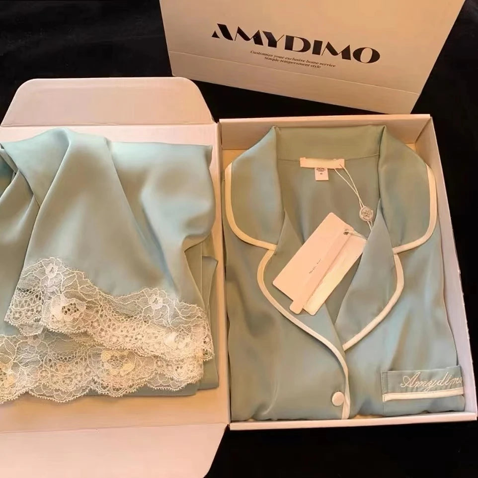 Women’s Silk Satin Pajamas Set – Two-Piece Sleepwear with Lace Trim, Sweet Home Loungewear for Spring & Autumn