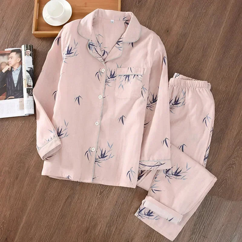 2025 Kimono Femme Maple Leaf Pajama Set | 100% Gauze Cotton Long Sleeve Sleepwear for Women | Autumn Pyjamas Hot Sale