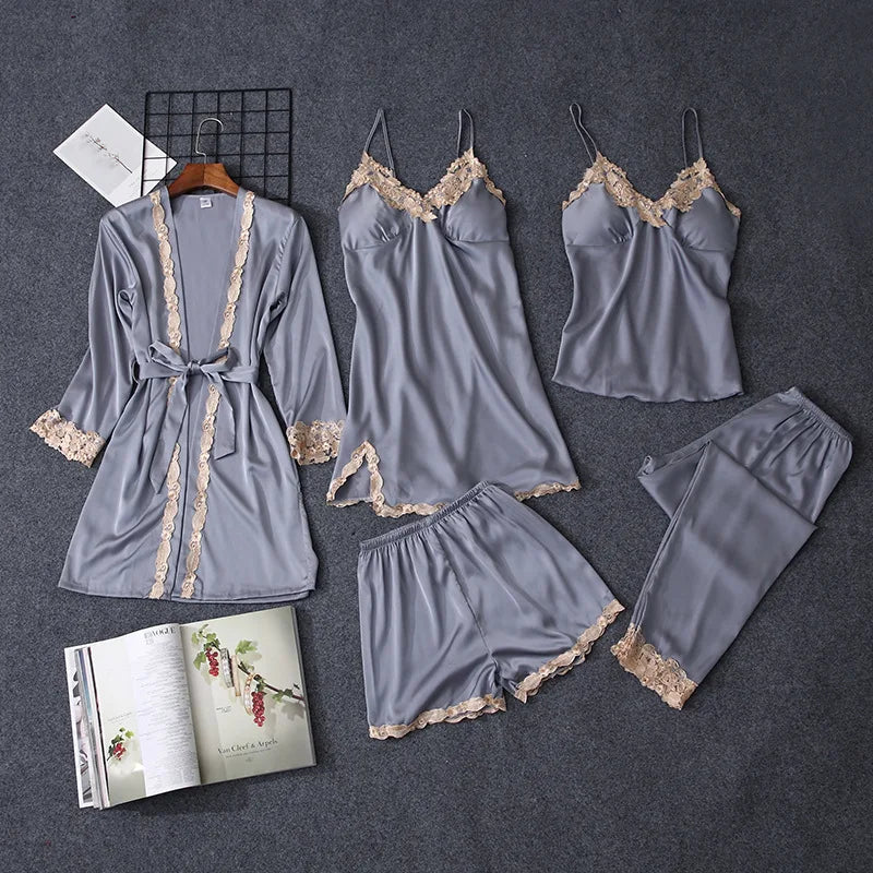 1/4/5PCS Women's Satin-Like Robe & Pajama Set | Lace V-Neck Cami Nightdress | Comfortable Home Sleepwear