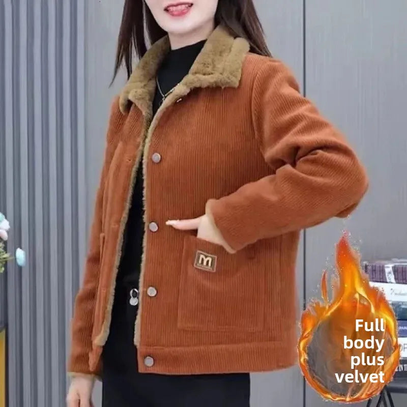 Warm Fleece-Lined Jacket for Middle-Aged & Elderly Women Slim Loose Fit Autumn Winter Fashion