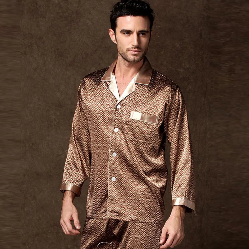 Men's High Quality Pajama Set | Spring & Autumn Thin Ice Silk Polyester Sleepwear | Long Sleeve Plus Size Summer Homewear
