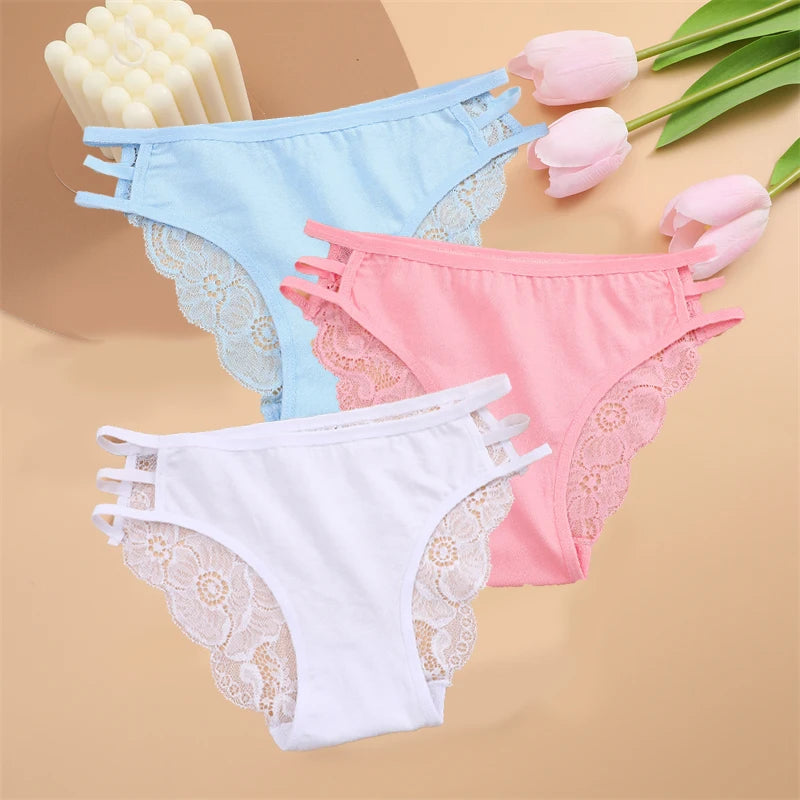 FINETOO 3PCS Women's Lace Floral Low-Waist Triple Belt Panties Soft Sexy Lingerie Underwear