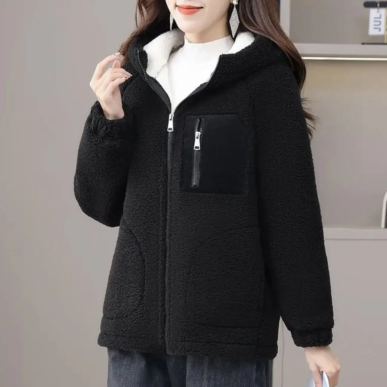 Winter Sherpa Fleece Coat Patchwork Pocket Wool-Lined Thickened Women's Plush Thermal Full Zipper Outerwear
