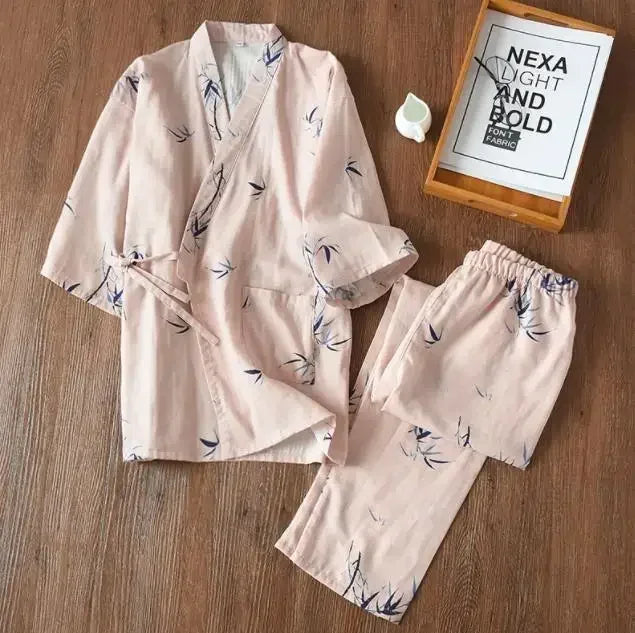 2025 Japanese Style Women's Kimono Pajama Set | 100% Cotton Gauze Seven Sleeve Two-Piece | Cute Spring & Autumn Homewear