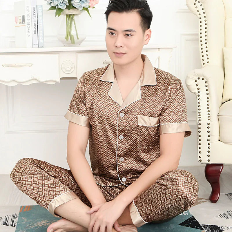 Men's High Quality Pajama Set | Spring & Autumn Thin Ice Silk Polyester Sleepwear | Long Sleeve Plus Size Summer Homewear