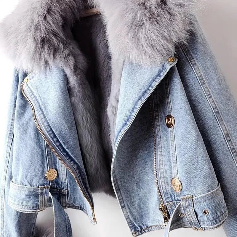 New Winter Denim Jacket Women Faux Fox Fur Collar Short Jean Coat with Warm Rabbit Hair Lining