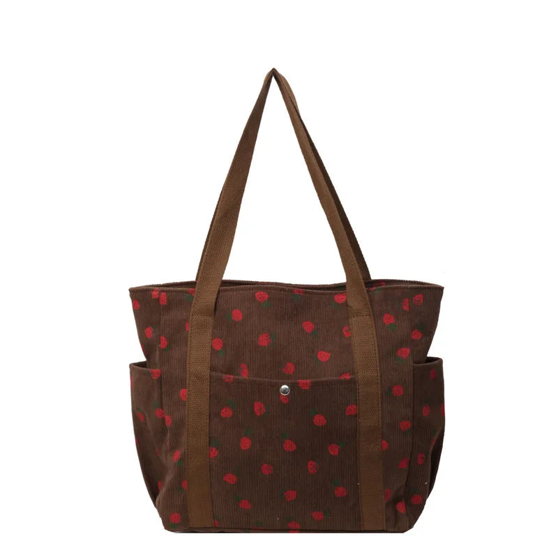 Women’s Strawberry Corduroy Handbag • Cute Fashion Shoulder Tote • Versatile Casual & Commuter Bag