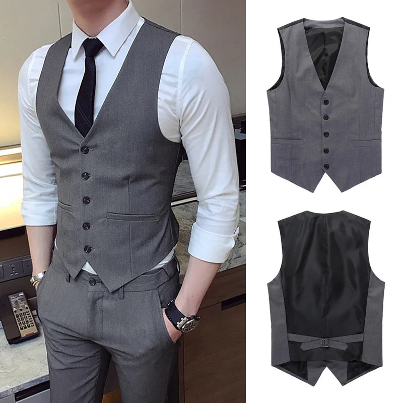 Men's Single-Breasted Slim Fit Vest – High-End Grey/Black Formal Business Waistcoat 7XL