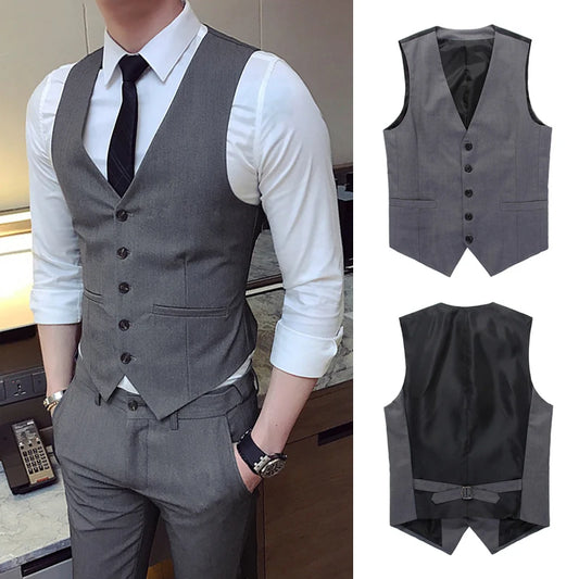 Men's Single-Breasted Slim Fit Vest – High-End Grey/Black Formal Business Waistcoat 7XL