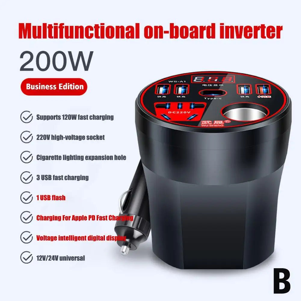 200W Car Power Inverter – 12V/24V to 220V Converter with LED Display & Fast Charging Socket