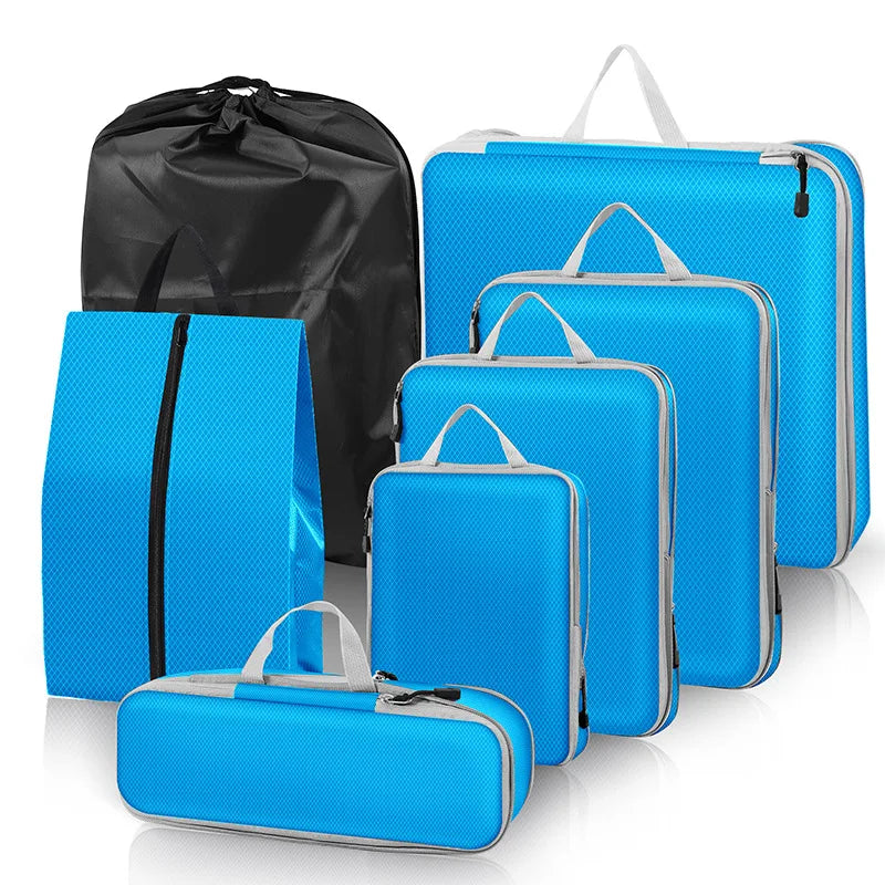 3-7 PCS Compressed Packing Cubes Set | Lightweight Portable Travel Luggage Organizer with Shoe Bag & Mesh Storage