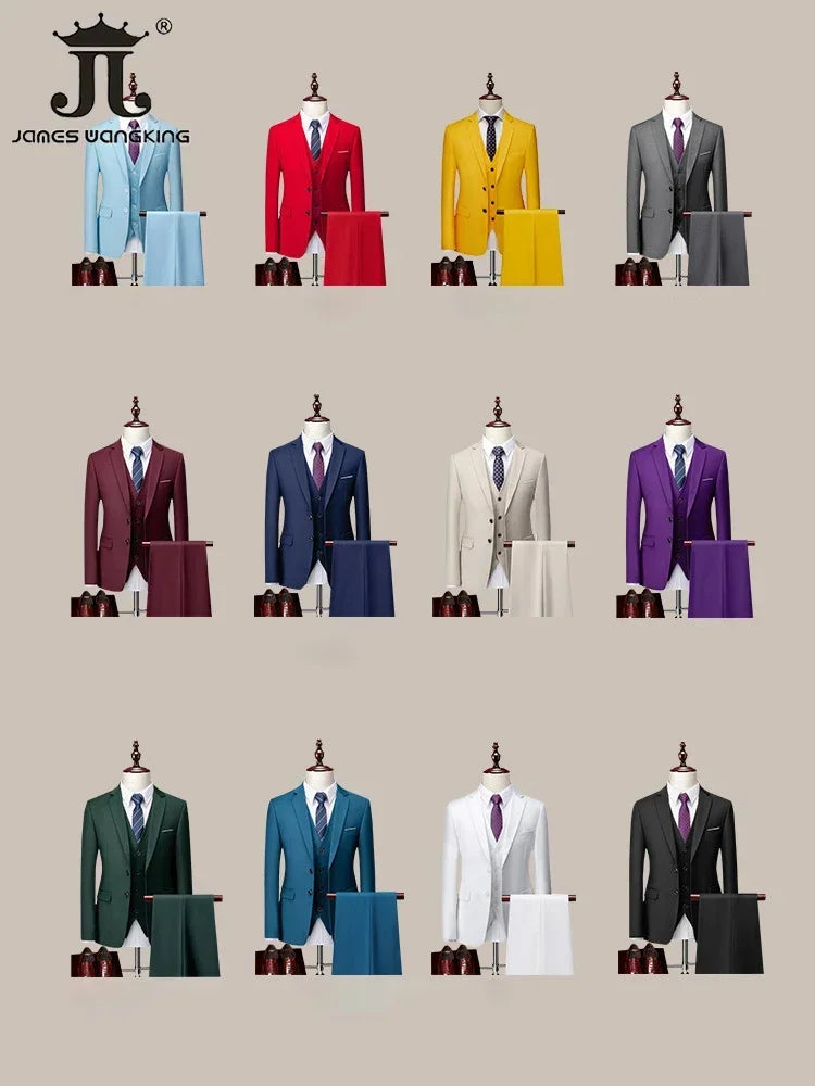 14 Color M-6XL Men's 3-Piece Formal Suit – Jacket, Vest & Pants for Business, Groom & Wedding