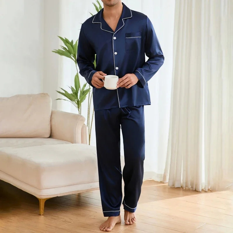 Men's Satin Pajama Set | Long Sleeve Top & Trousers | Soft Comfortable Autumn Sleepwear Loungewear
