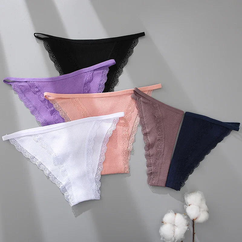 FINETOO 3PCS Set Women's Lace Cotton Panties Solid Color Soft Breathable Underwear Lingerie