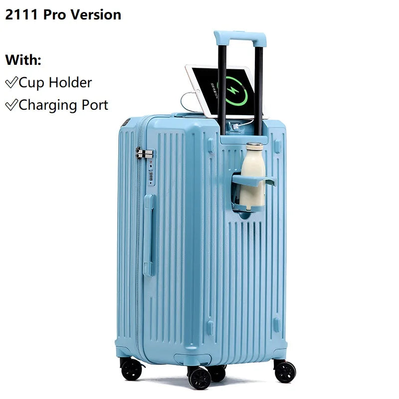 Large Capacity Luggage Suitcase | USB Charging Carry-On with Cup Holder for Women & Girls | Travel 20/24/26/28 Inch