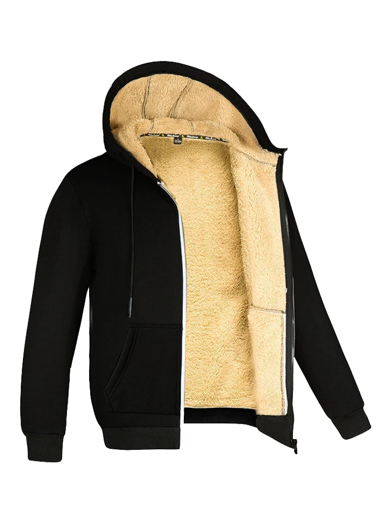 Unisex Winter Lambswool Hoodie – Thick Warm Fleece Jacket with Zipper, Black Casual Coat