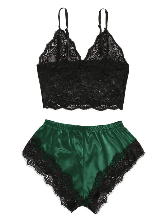 2PCS Women’s Satin Pajama Set – Lace Cami Top & Shorts, Sexy Sleepwear Lingerie, Summer Breathable Nightwear Black & Pink