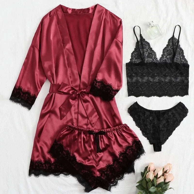 Women's Sexy Lace Trim Faux Silk Satin Pajama Set – Comfortable Loungewear