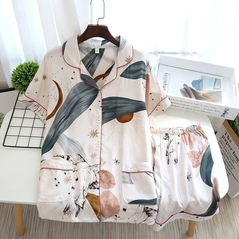 Spring/Summer Women's Viscose Pajama Set | Long Sleeve Top & Trousers | 3XL Plus Size Sleepwear Home Nightwear