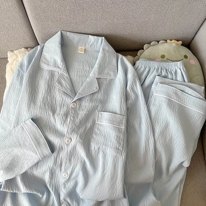 Autumn Men's Pajama Set | Solid Color Plus Size Lapel Neck Long Sleeve Top & Pants | Casual Soft Oversized Loungewear 2-Piece