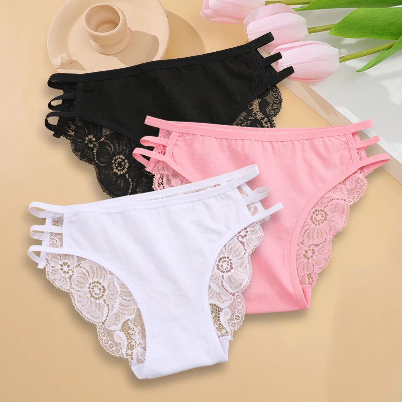 3PC Set Women's Sexy Lace Low Rise Hollow Out Floral Panties Transparent Soft Elastic Lingerie